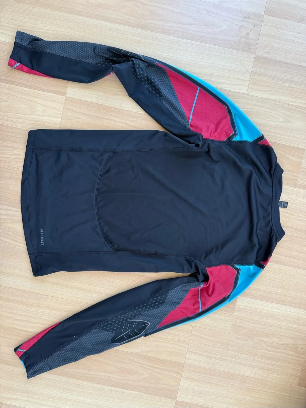 Adidas Techfit Spider-Man long sleeve top with red, black, and light blue Spider